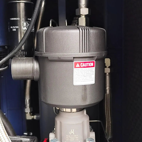 Heavy Duty 50 HP Rotary Screw Air Compressor Pump With Massive 219 CFM Flow Rate And 125 PSI Max Pressure motor components with caution label.