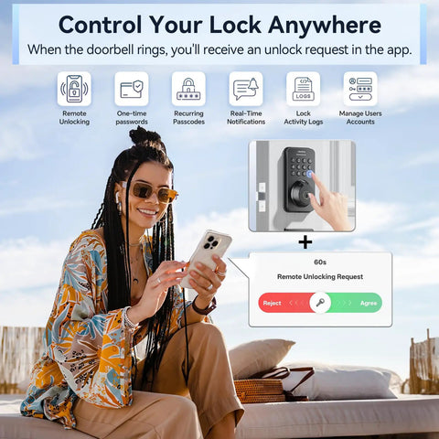 Woman using smartphone to control No Sweat Smart Fingerprint Door Lock With Lightning Fast Zero Lag App Unlock And Smooth Turn Handle Set In Glossy Black