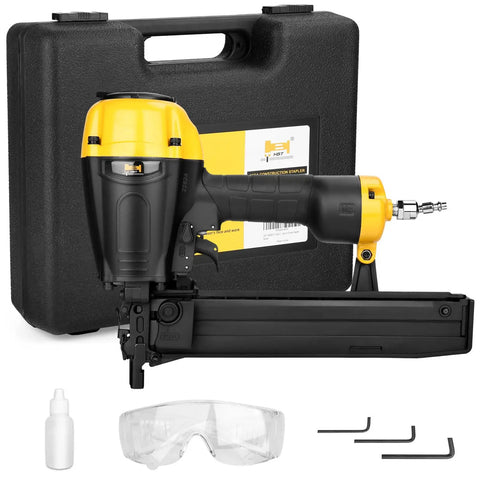 Go To Lightweight 16 Gauge Pneumatic Stapler with magnesium body, yellow and black, includes case, safety glasses, and tools.