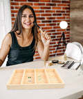 Top Shelf Wooden Jewelry Tray With Four Spacious Slots For Rings And Chains Super Easy Dresser Organizing Plate on vanity.