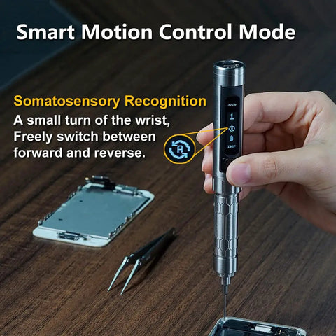 Person using Pocket Size Mini Electric Power Screwdriver With Smart Motion Control Rechargeable Cordless Tool 24 Magnetic Bits And OLED Screen For Phone Camera And Laptop Repairs Portable Easy To Use on a mobile device.