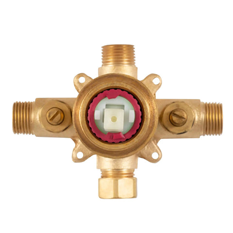 TruTemp Pressure Balance Valve With Brushed Gold Trim Kit delivers stable shower temperature, visible brass valve body.