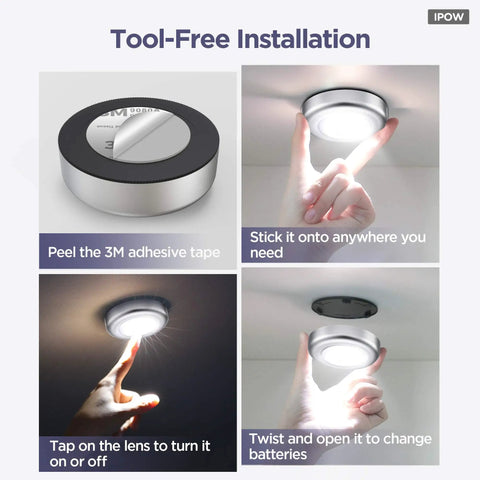 Tool-free installation of 5 Pack LED Battery Powered Wireless Night Lights No Sweat Stick On Tap Touch Lamps with adhesive and tap feature
