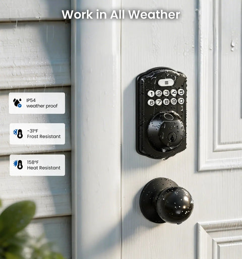 Keyless Fingerprint Door Lock With Keypad Deadbolt In Matte Black, water resistant on a white door, ideal for outdoor use.