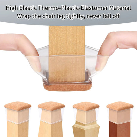 24 Pack Slick Clear Chair Leg Floor Protectors For Hardwood Floors Thickened Silicone Felt Caps shown on a wooden chair leg.