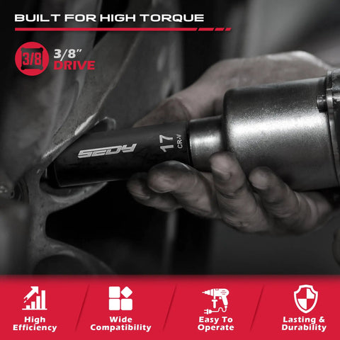 Mechanic using Three Eighths Inch Drive Impact Socket Set 49 Piece Built Tough Includes SAE From Five Sixteenths To Three Quarters Inch And Metric 8 To 22 Millimeters With Extension Bars And Universal Joint Deep And Shallow Sockets CR V Construction For Heavy Duty on vehicle.