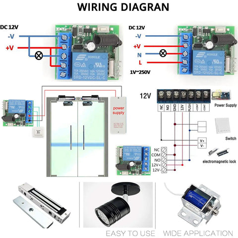 433MHz Universal Wireless Remote Control Switch Kit For 12V DC 1 Channel RF Relay Receiver Module Includes 5 Transmitters EV1527 Learning Code Remote System With Stable Signal Great Range Through Walls And Doors. Wiring diagram for 12V relay module with door lock and light connections