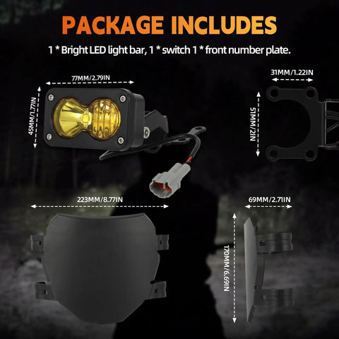 Number Plate And Headlight Kit For Surron Light Bee X LBX Electric Dirt Bike, includes LED light bar, switch, front plate.
