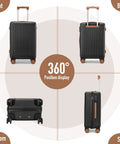 360-degree view of airline-approved carry on luggage with spinner wheels and TSA lock, showcasing front, back, side, and bottom angles.