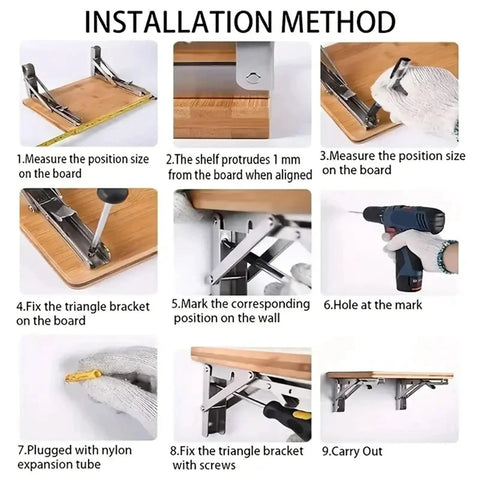Step-by-step installation guide for Heavy Duty Triangle Folding Shelf Brackets Set Of 2 Adjustable Wall Mounts For Shelves
