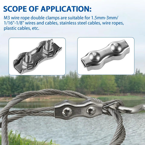 Built Different 304 Stainless Steel Wire Rope Clips 12 Piece double bolt clamps for 1.5mm-3mm cables near a lake.