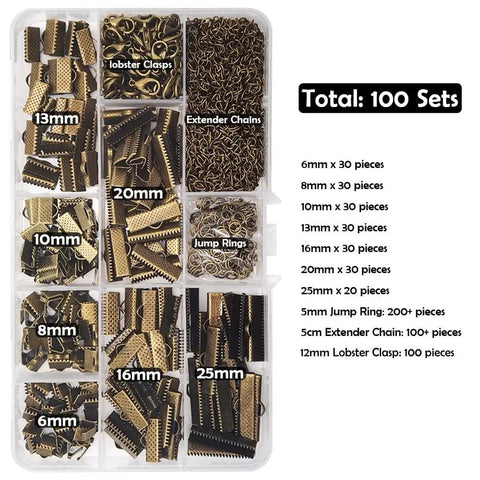 100 Sets Bronze Ribbon Crimps Kit With Lobster Clasps And Chain Extenders For DIY Bracelet And Bookmark Making, Assorted Sizes