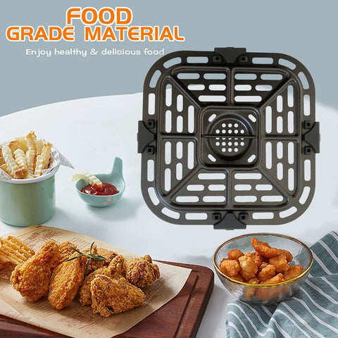 Tough As Nails Air Fryer Grill Crisper Plate Replacement Pan For 2 Quart Mini Oven, nonstick cooking rack with food.