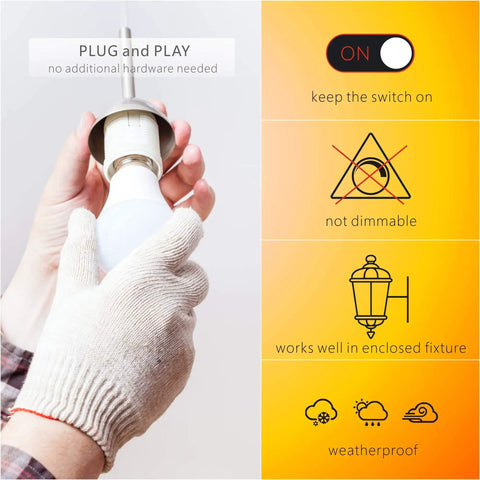 Person installing plug and play outdoor dusk to dawn LED bulb into socket, showing features like weatherproof and enclosed fixture compatibility.