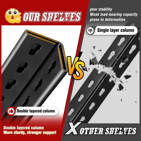 Comparison of double-layered column of 2 Pack Heavy Duty Metal Garage Shelving Unit versus single layer alternative
