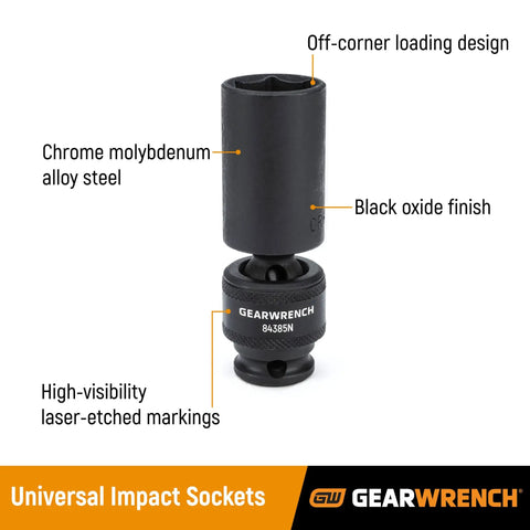 Half Inch Drive Ten Piece Six Point Deep Universal Impact Socket Set Metric, Chrome Moly Alloy, Off Corner Loading Design