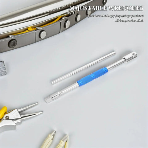 Go To Grease Monkey Approved T Handle Hex Wrench Featuring Adjustable Ratcheting Socket Design in blue color next to pliers.