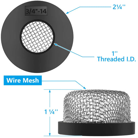 Top view of 3/4 Inch Stainless Steel Mesh Strainer Screw On Filter with black PVC base, illustrating dimensions and mesh detail.