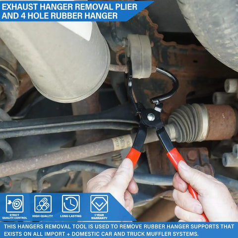 Exhaust Hanger Removal Pliers Set With 4 Hole Rubber Hanger Insulators Kit 5 Pieces Auto Repair Tool in use on car