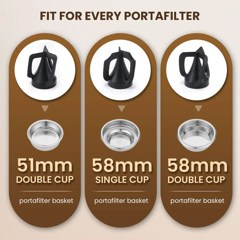 Automatic Electric Portafilter Cleaner Knocks Out Stubborn Coffee Oils In Seconds with portafilter baskets for 51mm and 58mm sizes.