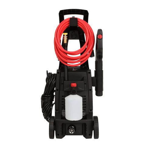 Front view of Electric Pressure Washer 1600 PSI 1.7 GPM Portable Cleaner for Cars, Siding, Driveways, and Patio with red hose.