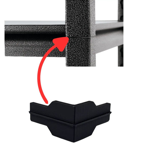 Close-up of Twelve Pack Heavy Duty Corner Braces For Garage Shelving Systems Solid Black Steel Rack Connectors installed on a shelf.