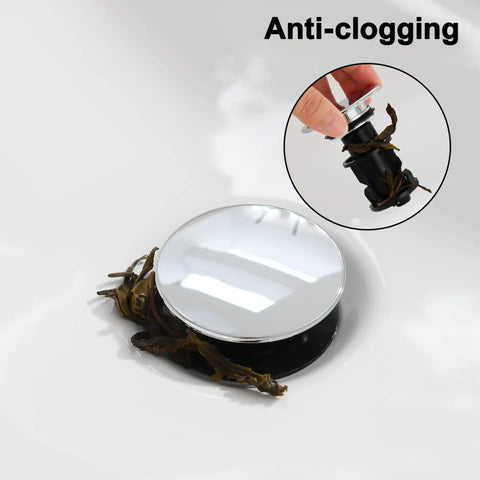 Heavy Duty Chrome Pop Up Bathroom Sink Drain With Overflow Stopper showcasing anti-clog design with visible hair trap.