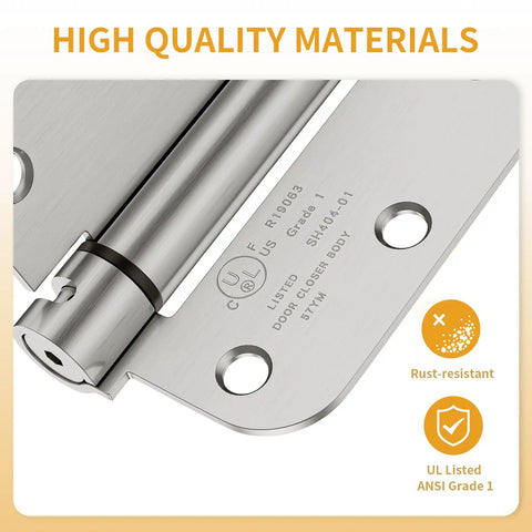 Close-up of 3.5 Inch 2 Pack Self Closing Door Hinges, brushed nickel finish, rust-resistant, showing details and UL listing.