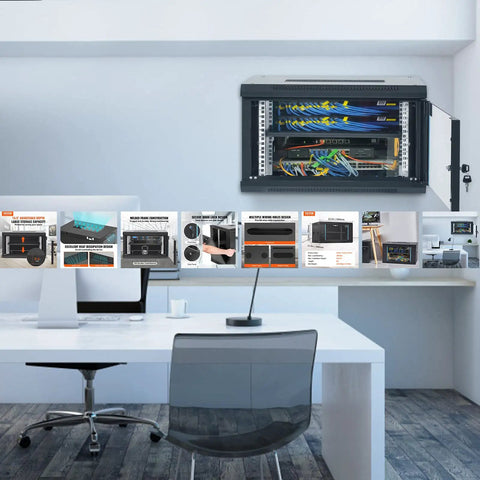 Slick Wall Mount Network Server Cabinet 6U Rack Enclosure featuring locking glass doors, compact design, cables visible.