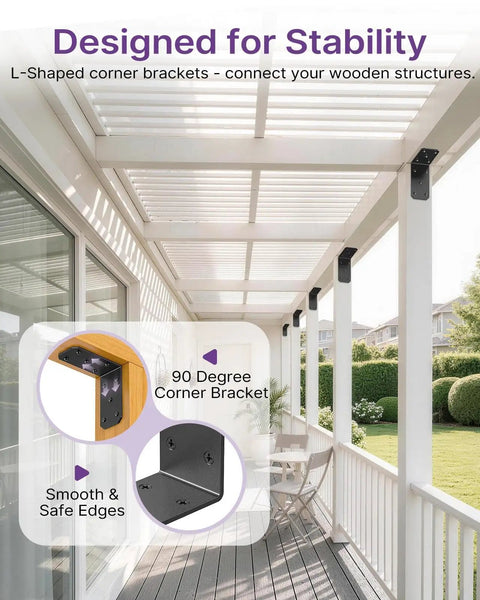Rock Solid Heavy Duty L Brackets 5X5X2.5 Inch Thick Steel Corner Supports Built Tough For 300 Lb Loads With Zero Sag Promise Quick Weekend Warrior Install 4 Pack shown securing a pergola.