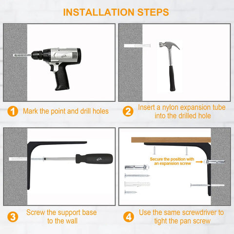 Installation steps for Heavy Duty Metal Shelf Brackets 10 By 8 Inch Wall Mounted Support Bracket with tools and brackets.