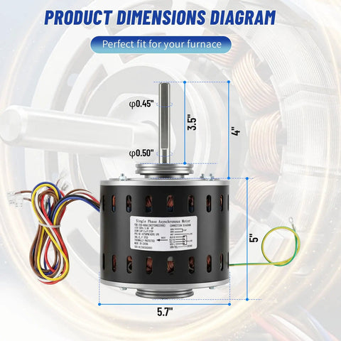 Furnace Blower Motor Heavy Duty One Third HP 115V 1075 RPM Four Speed Replacement for GE Trane American Standard with dimensions labeled