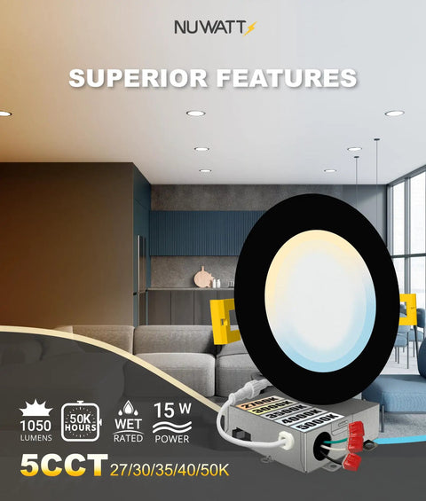 Six Pack Ultra Thin Black LED Recessed Lights With 5 CCTs From 2700K To 5000K 1050 Lumens Dimmable Canless Slim Wafer