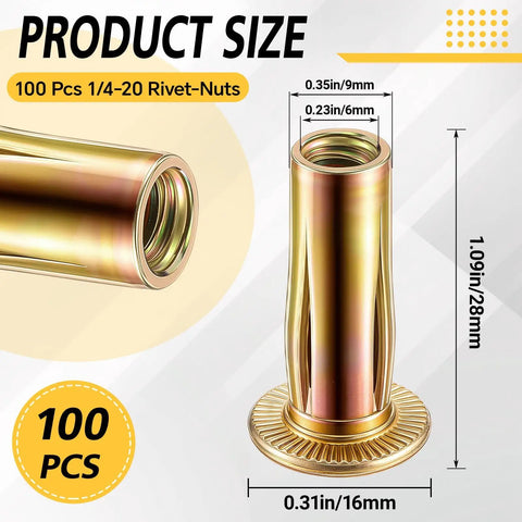 100 Pcs 1/4-20 Rivet Nuts Multi Grip Threaded Insert Nut Kit Zinc Plated Steel Flat Head Nutserts with dimensions