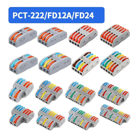 Heavy Duty Screwless Wire Connectors No Sweat Quick Splice Block multi-angle view showing various sizes and colors for fast wiring.