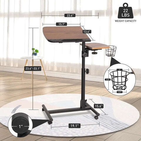 Super Chill Rolling Laptop Desk With Height Adjustable Dual Shelves And On Board Cup Holder dimensions and features displayed.