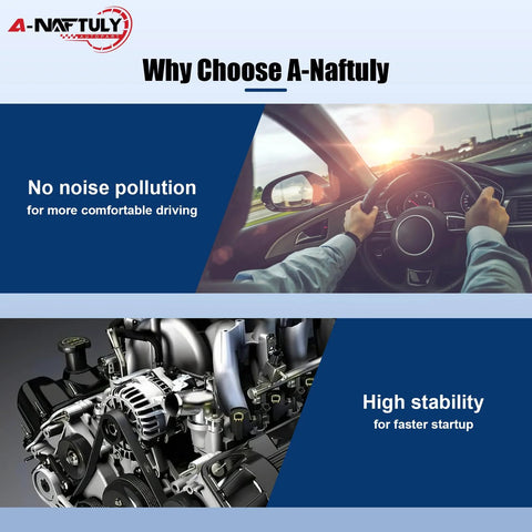 Image showcasing benefits of A-Naftuly 130Amp High Output Alternator Replacement with focus on no noise pollution and high stability.