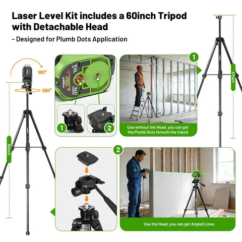 Self Leveling Laser Level With Tripod 60 Inch 360 Degree Green Horizontal Line And 140 Degree Vertical Line Two Plumb Dots