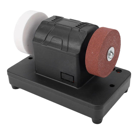 Eujgoov Cordless Mini Bench Grinder With Dual Grinding Wheels And Variable Speed Up To Six Thousand Rpm For 48 11 Battery Packs Portable Electric Power Tool For Sharping Blades Metal Workshop Garage Projects with black body and grit wheels.