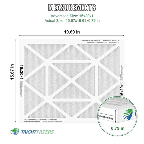 16x20x1 MERV 8 Pleated Air Filter with measurements and white cardboard frame for HVAC AC and furnace.