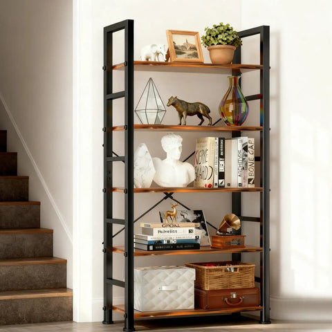 Industrial 5 Tier Bookshelf With Sturdy Metal Frame And Open Wooden Shelves Free Standing Bookcase staged in living area