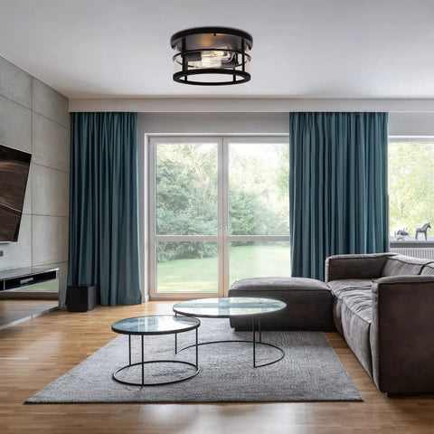 Industrial 2 Light Flush Mount Ceiling Light With Clear Glass Shade In Black Finish, 11.6 Inch Fixture in Living Room