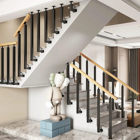 Rock Solid Steel Railing Posts With Adjustable Angle Brackets For Decks Stairs And Porches Weather Resistant Powder Coated Baluster Columns 14 Pack installed on contemporary staircase.