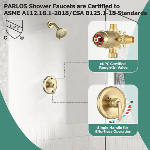 Wall-mounted shower faucet with valve and 5-spray touch-clean head, single handle trim kit, brass valve, modern bath.