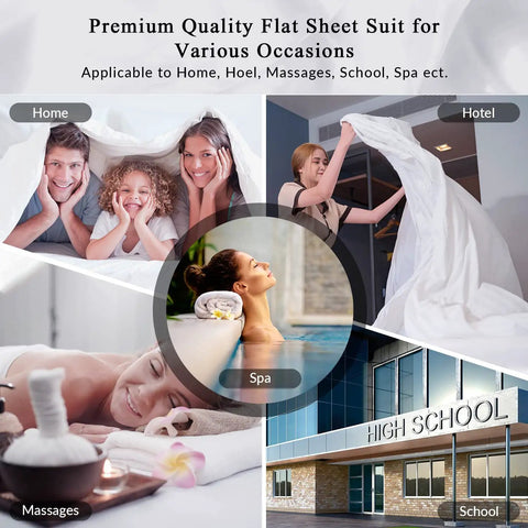 Premium quality Super Soft Double Brushed Microfiber Full Flat Sheet Only Wrinkle Free Stain Resistant Hotel Quality Top Sheet for Your Full Size Bed In White Super Cozy Breathable 81 By 96 Inches shown for home, hotel, spa, and school use.
