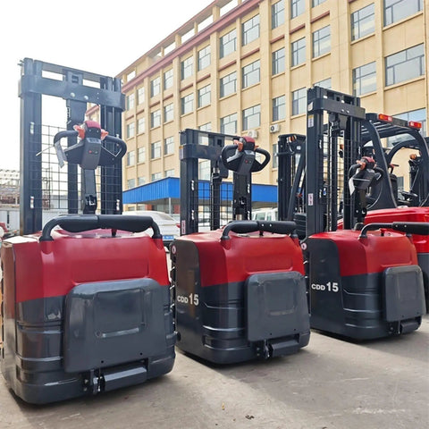 Heavy Duty Electric Pallet Stacker Delivering Smooth Operator Performance For Quick Warehouse Hustle Compact Battery Powered Design in a row.