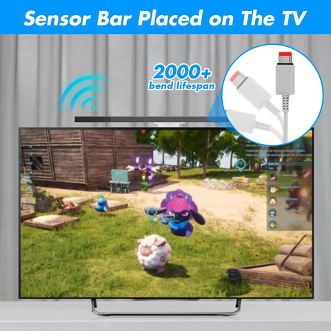 Wii Wired Sensor Bar And HDMI Adapter Bundle placed on TV showing sensor bar and adapter with game display