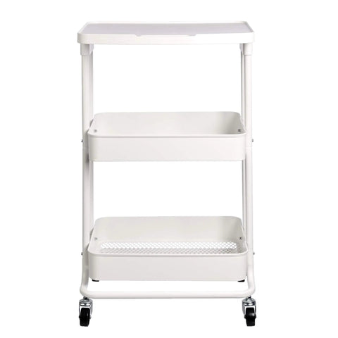 Heavy Duty 2 Tier Rolling Metal Utility Cart With White Storage Shelves And Smooth Pivot Casters For Kitchen Craft Laundry Organization No Sweat Setup, front view, two open shelves.