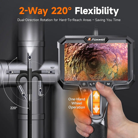 Dual Lens Articulating Borescope With 1080P Endoscope Camera, Two Way Flex Probe, 5.3ft Semi Rigid Cable For Engines, Pipes, HVAC Ducts And Industrial Equipment See Hidden Damage Clearly. handheld borescope screen and 220° pipe inspection view