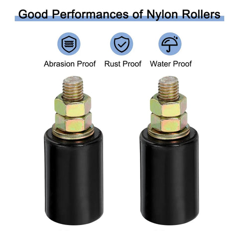 Sliding Gate Roller Guide Set With Beefy L Shape Brackets And Nylon Rollers Adjustable Gate Roller Assembly For Sliding Gates Includes Bolts And Nuts Black Finish 2 Sets nylon rollers showing abrasion, rust, and water resistance